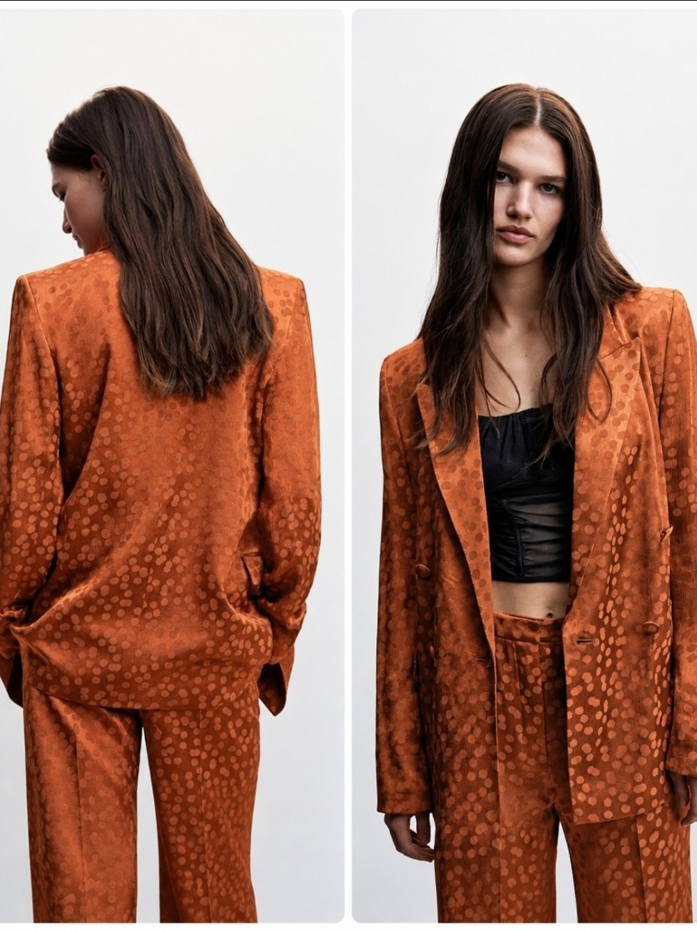 MANGO Geometric Print Satin Double-Breasted Blazer Burnt Orange Brown L